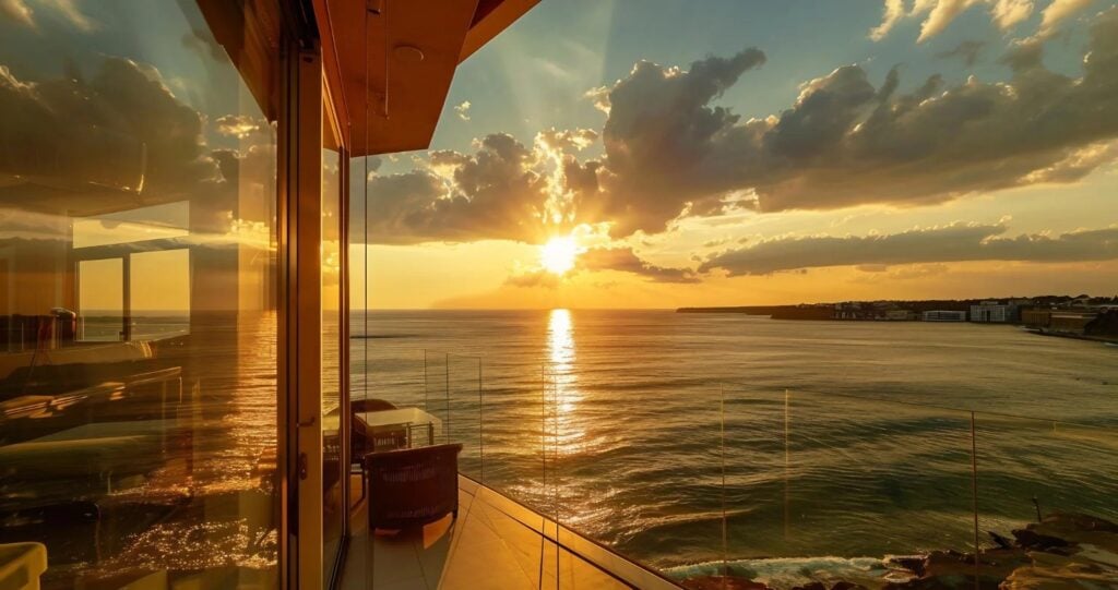 Rooftop terrace overlooking the bay at golden hour